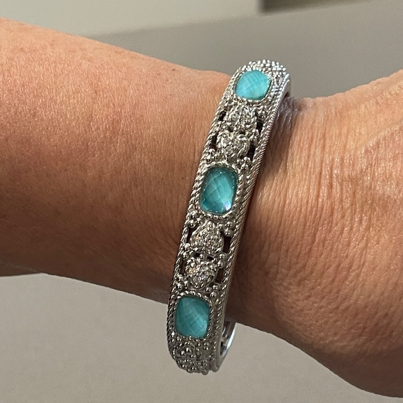 Judith Ripka Sterling Silver Blue Turquoise and Diamonique hinged cuff - Picture 6 of 6